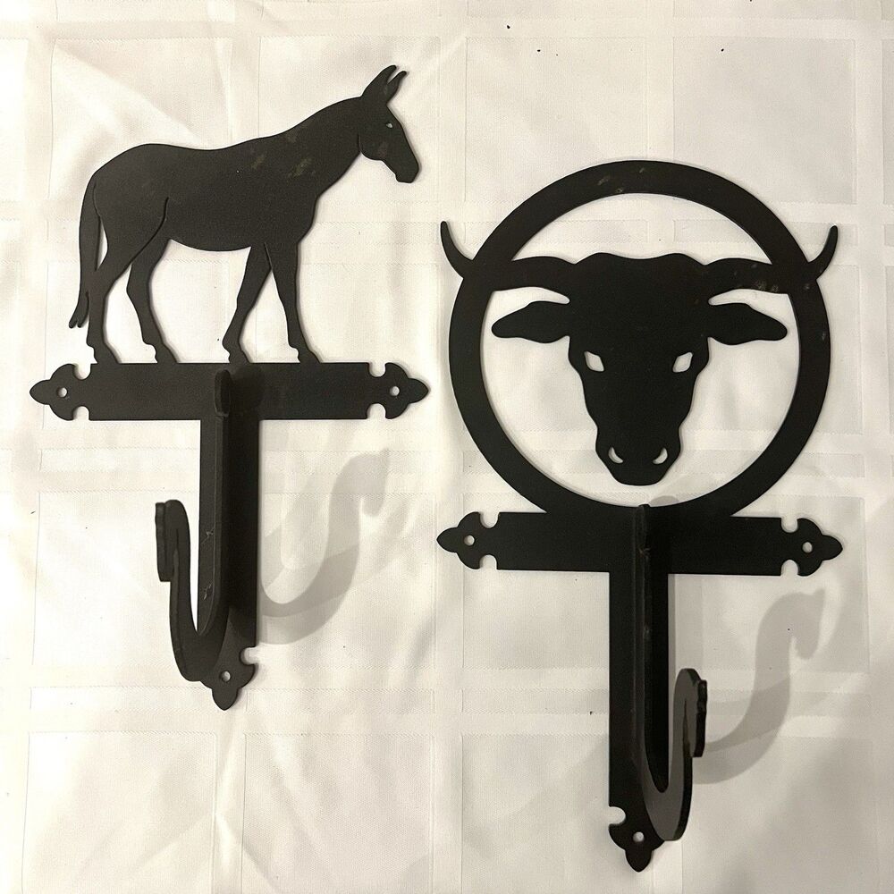 12" Rustic Western Metal Wall Hooks Horse & Steer Black Farmhouse Decor Set of 2